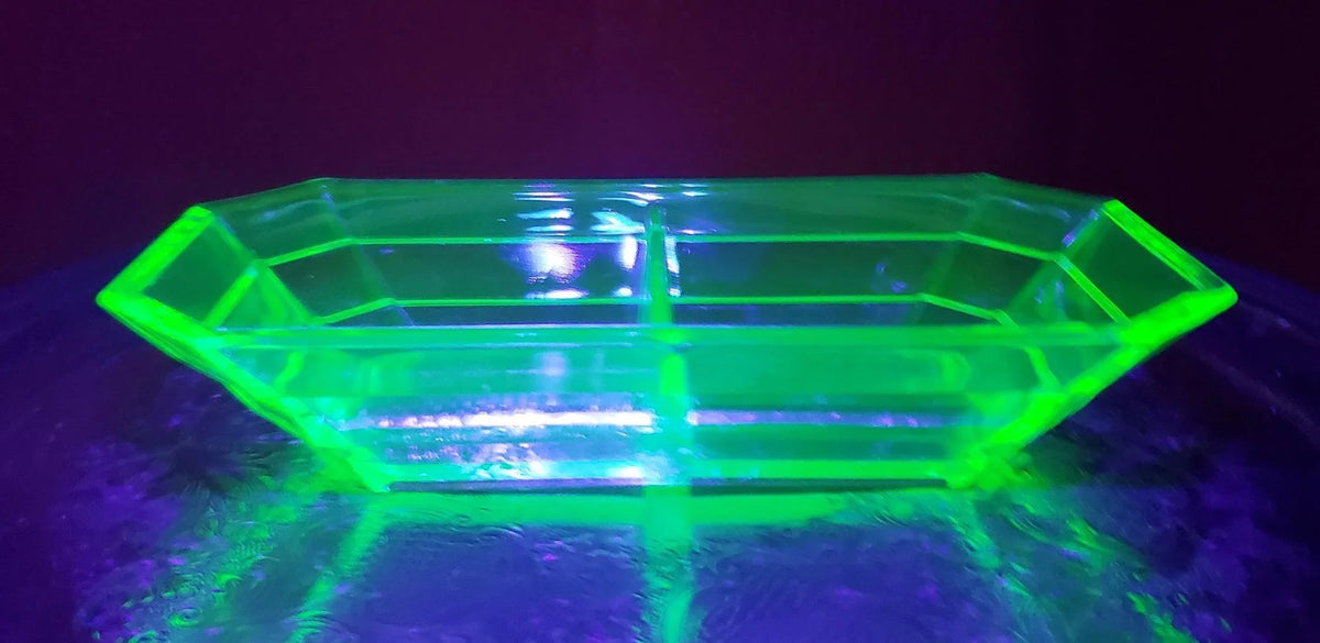 Tea Room Pattern - Uranium Glass Divided Relish Tray - Indiana Glass 1926-1931