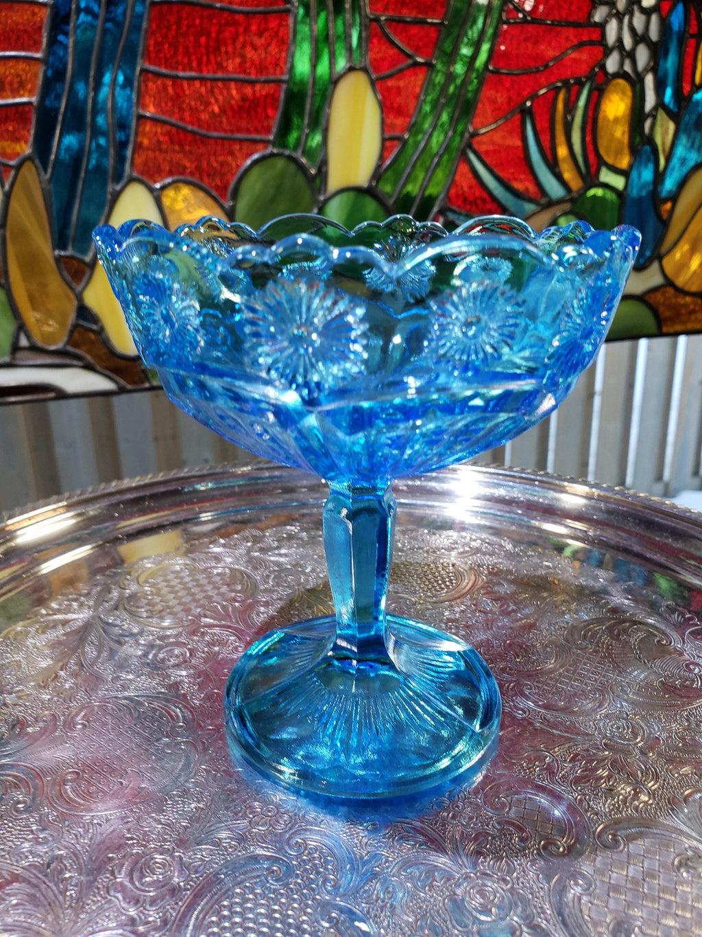 Blue Glass Comport: Floral Collectible Dish