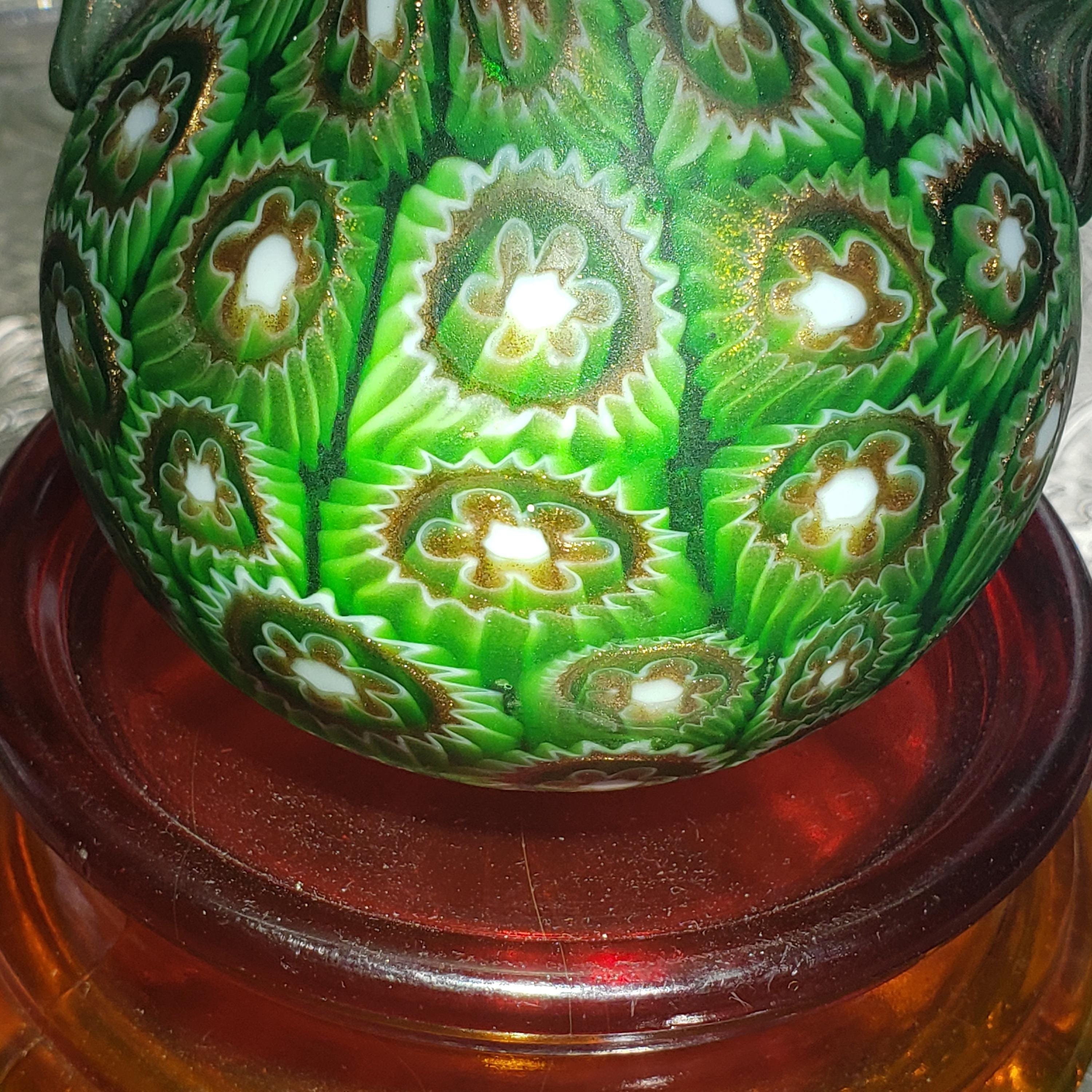 Murano Millefiori Glass Vase - Emerald Green Amphora with Handles