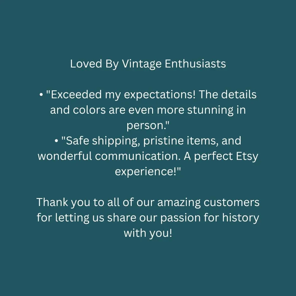 Customer testimonial text on dark teal background praising vintage item quality and shipping.