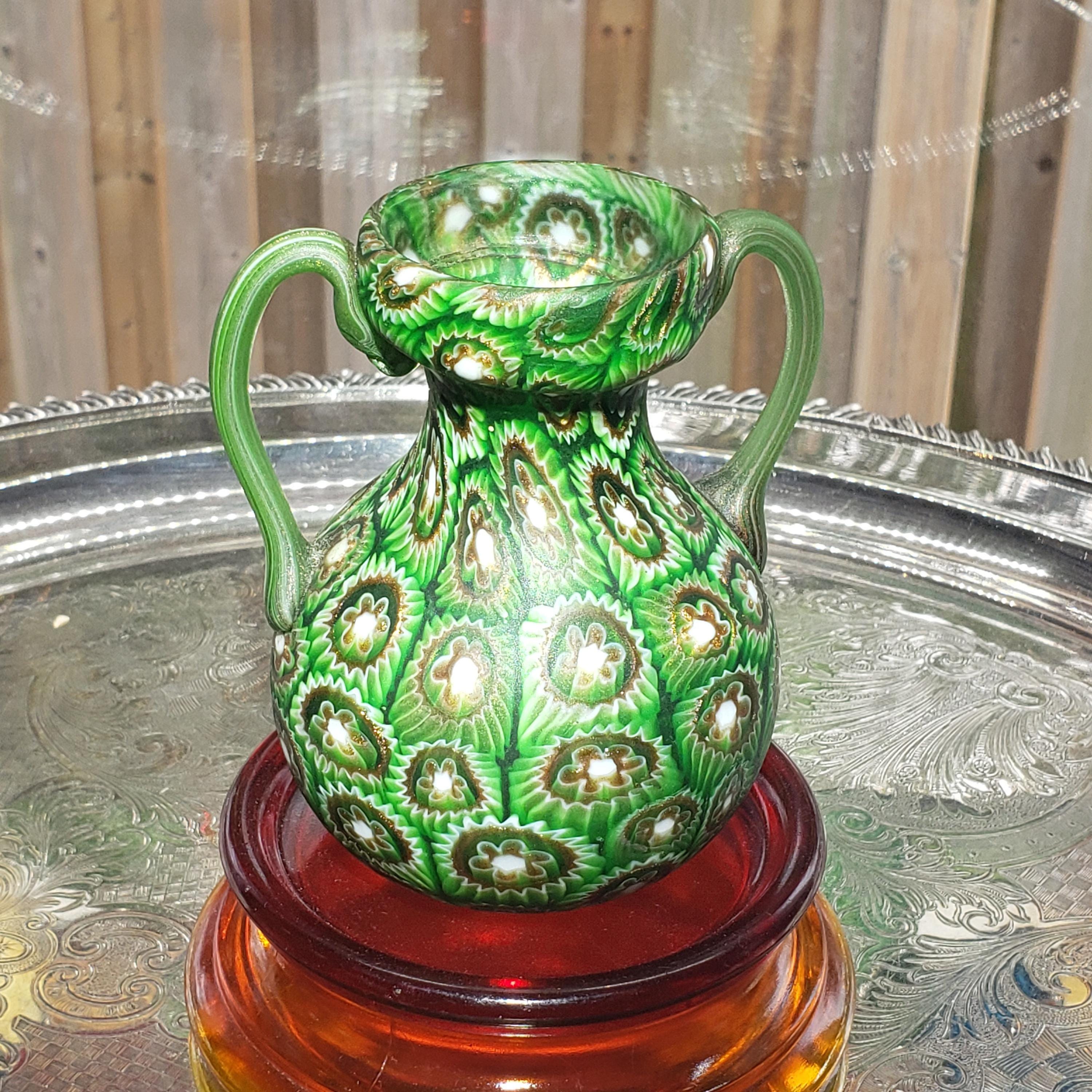 Murano Millefiori Glass Vase - Emerald Green Amphora with Handles