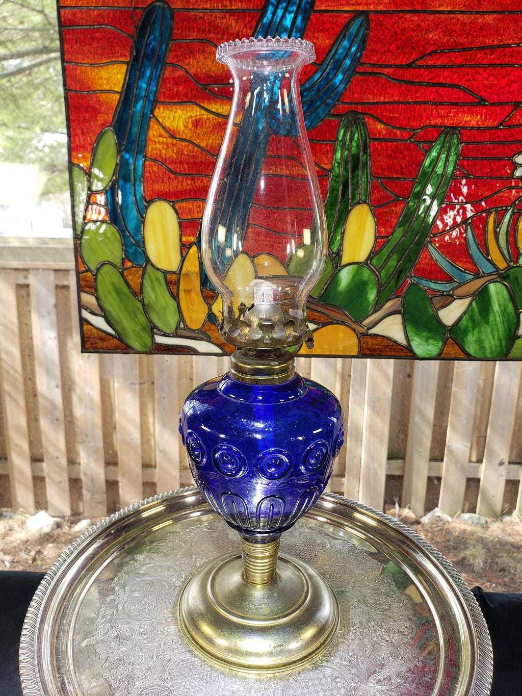 Cobalt Blue Oil Lamp - Bulls Eye Glass with Pie Crust Chimney