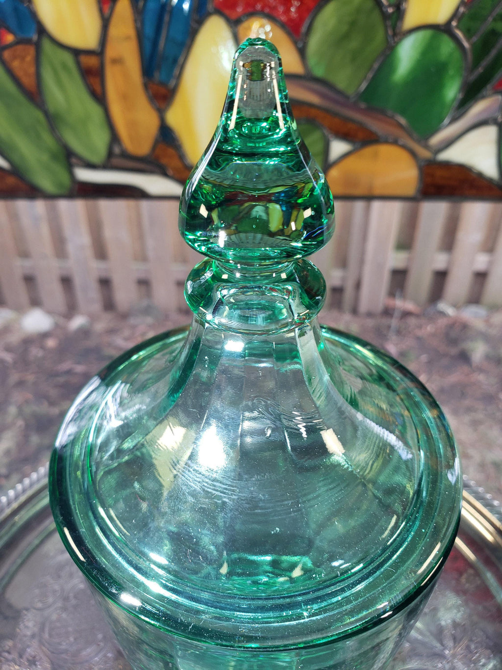 Green Glass Candy Jar: New Martinsville - Lidded 1900s Decor