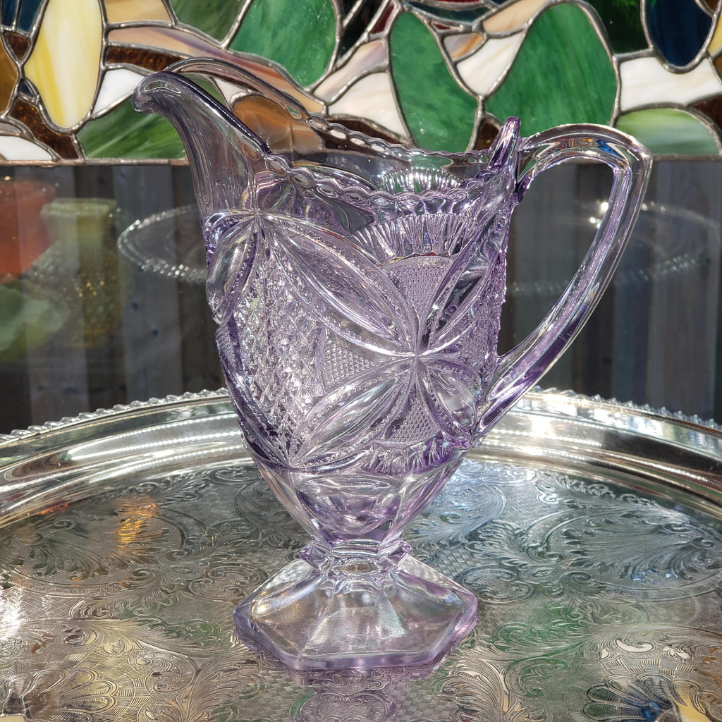 Purple Glass Pitcher - Pattee Cross Pattern, 9 Inch