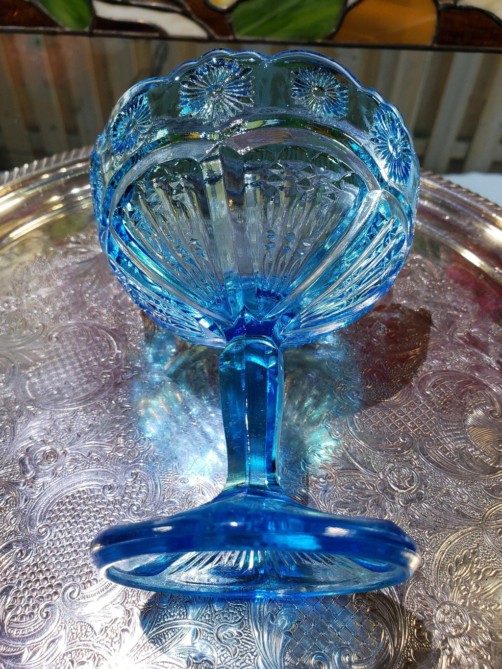 Blue Glass Comport: Floral Collectible Dish
