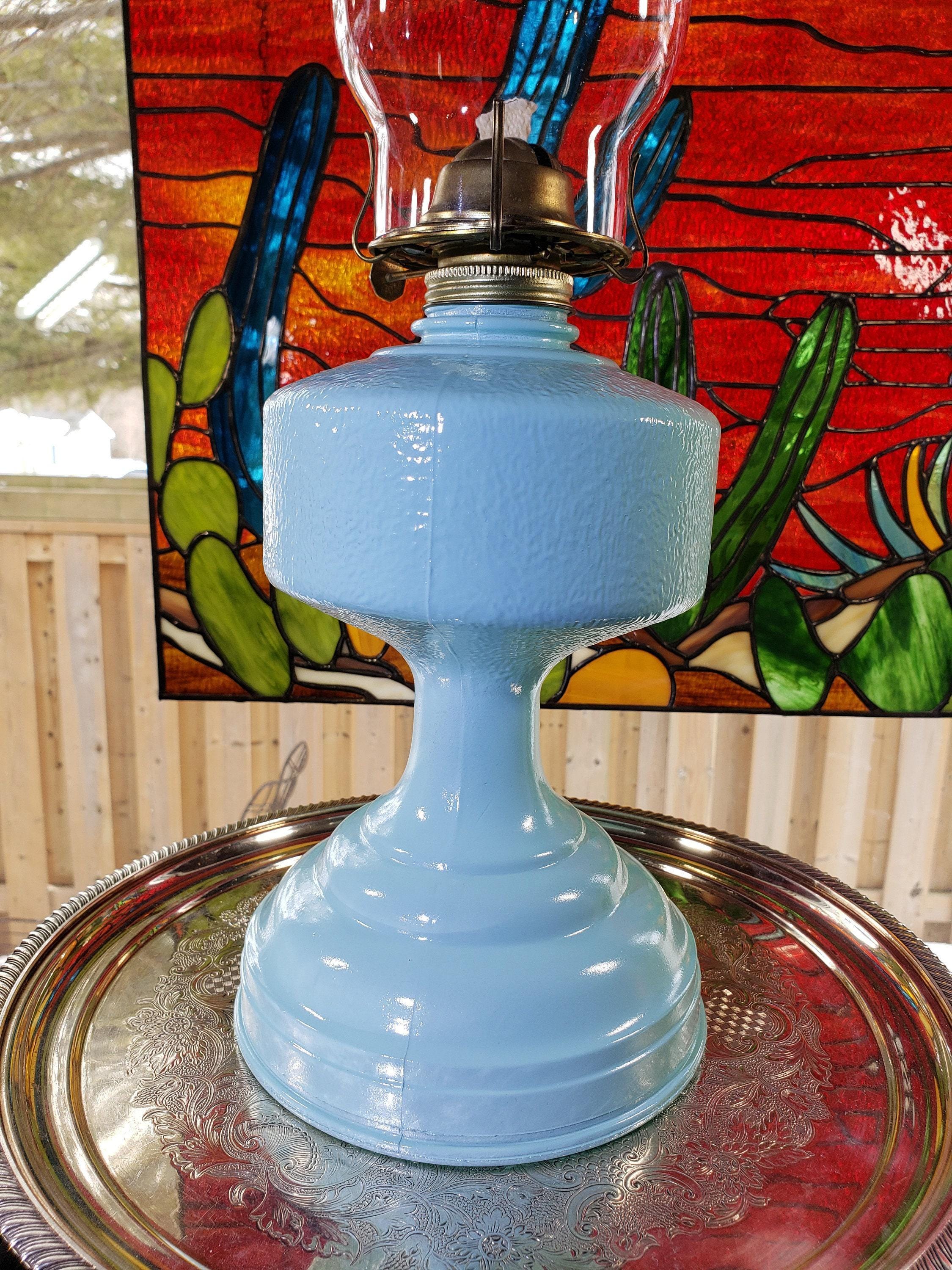 Glass Oil Lamp, Blue Ocean Breeze Painted (Mid-Century)