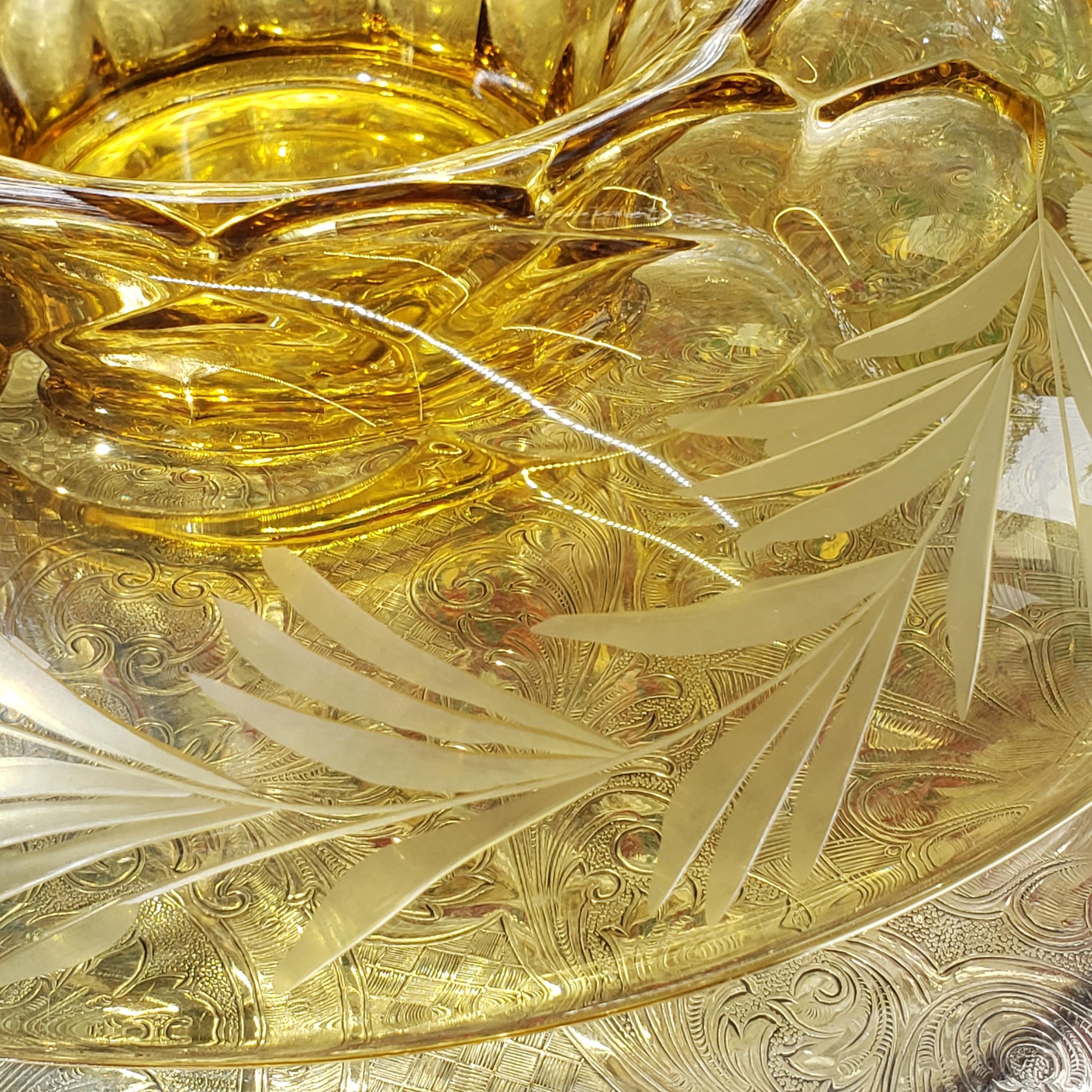 Amber Console Bowl - Hughes Cornflower Etched Honeycomb Glass