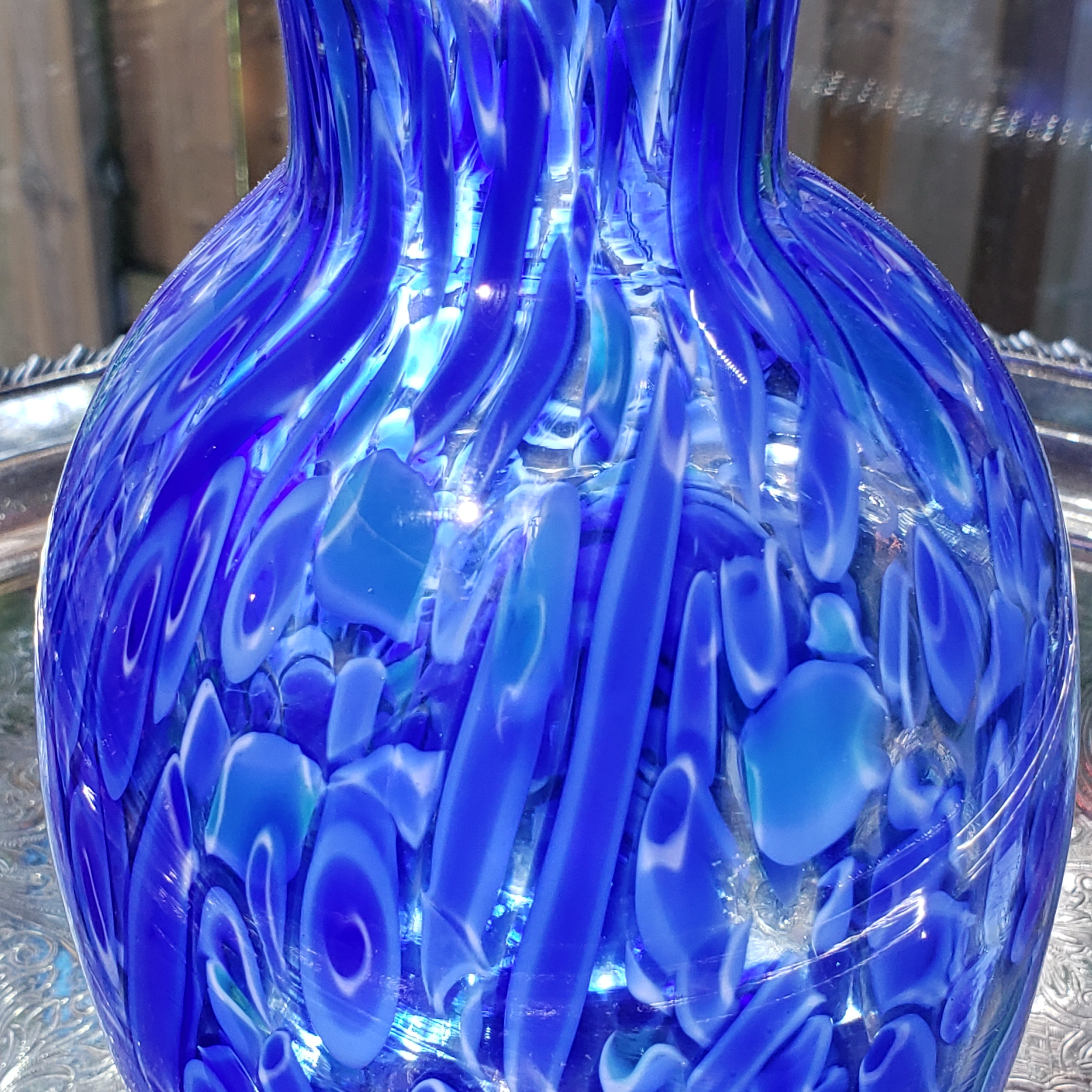 Vintage Cobalt Blue & White Glass Flower Vase