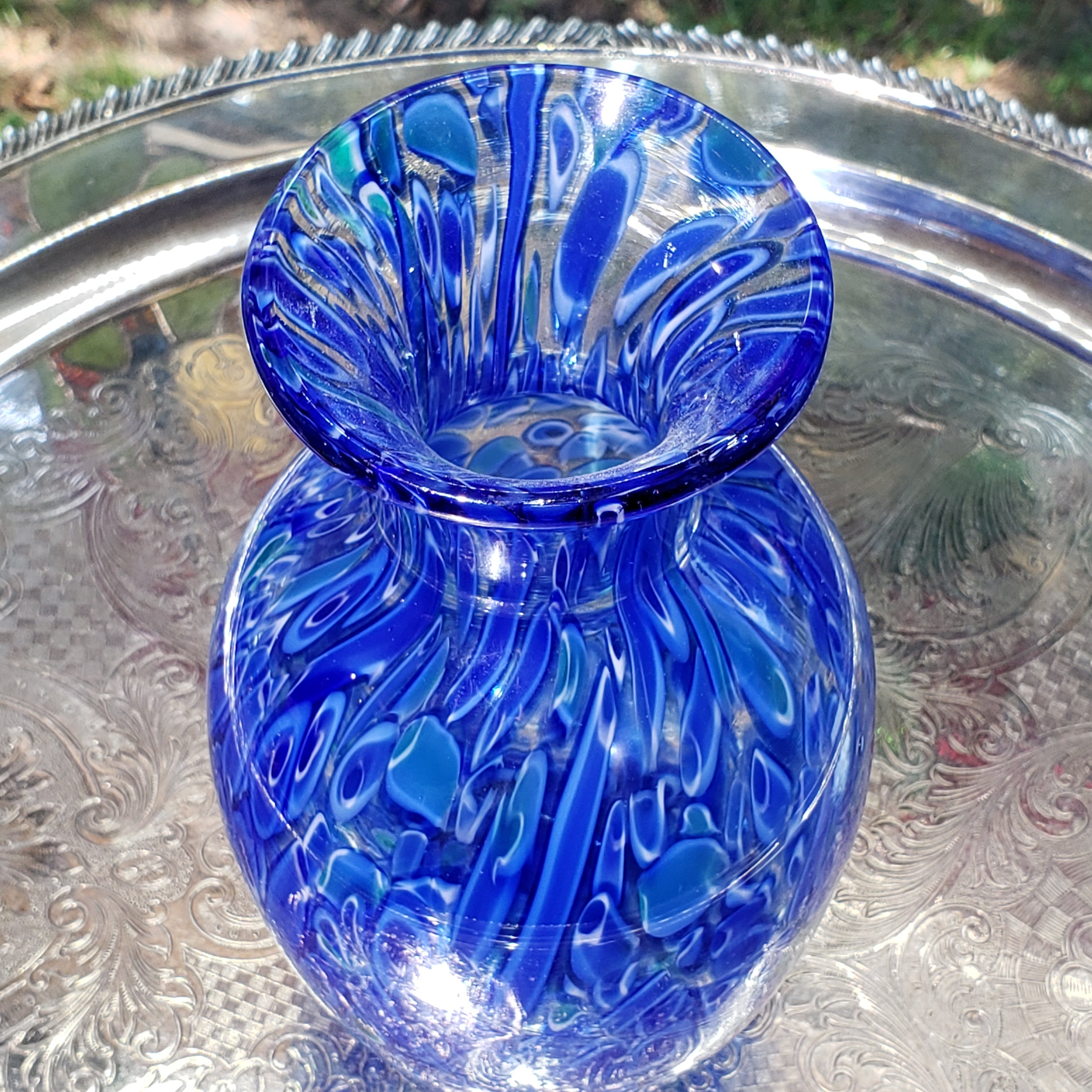 Vintage Cobalt Blue & White Glass Flower Vase