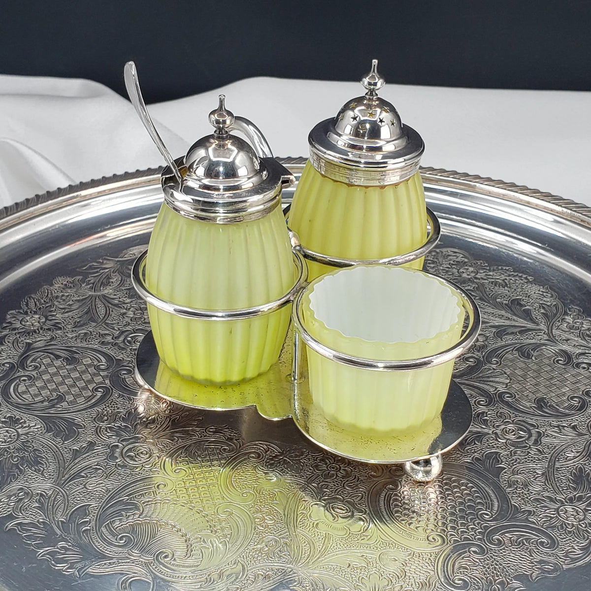 Victorian Lemon Yellow Cased Condiment Jar Set - Mt Washington Glass Co.