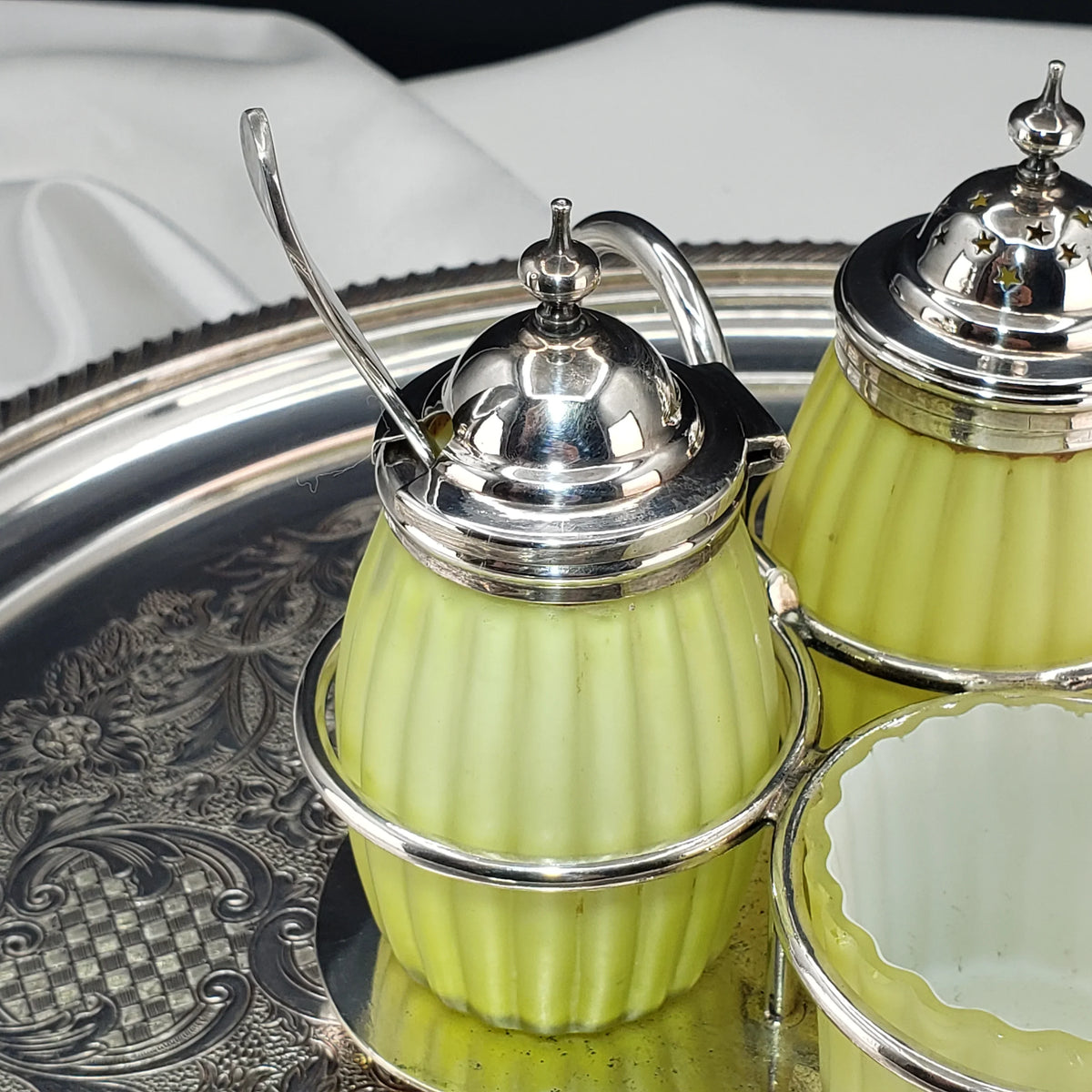 Victorian Lemon Yellow Cased Condiment Jar Set - Mt Washington Glass Co.
