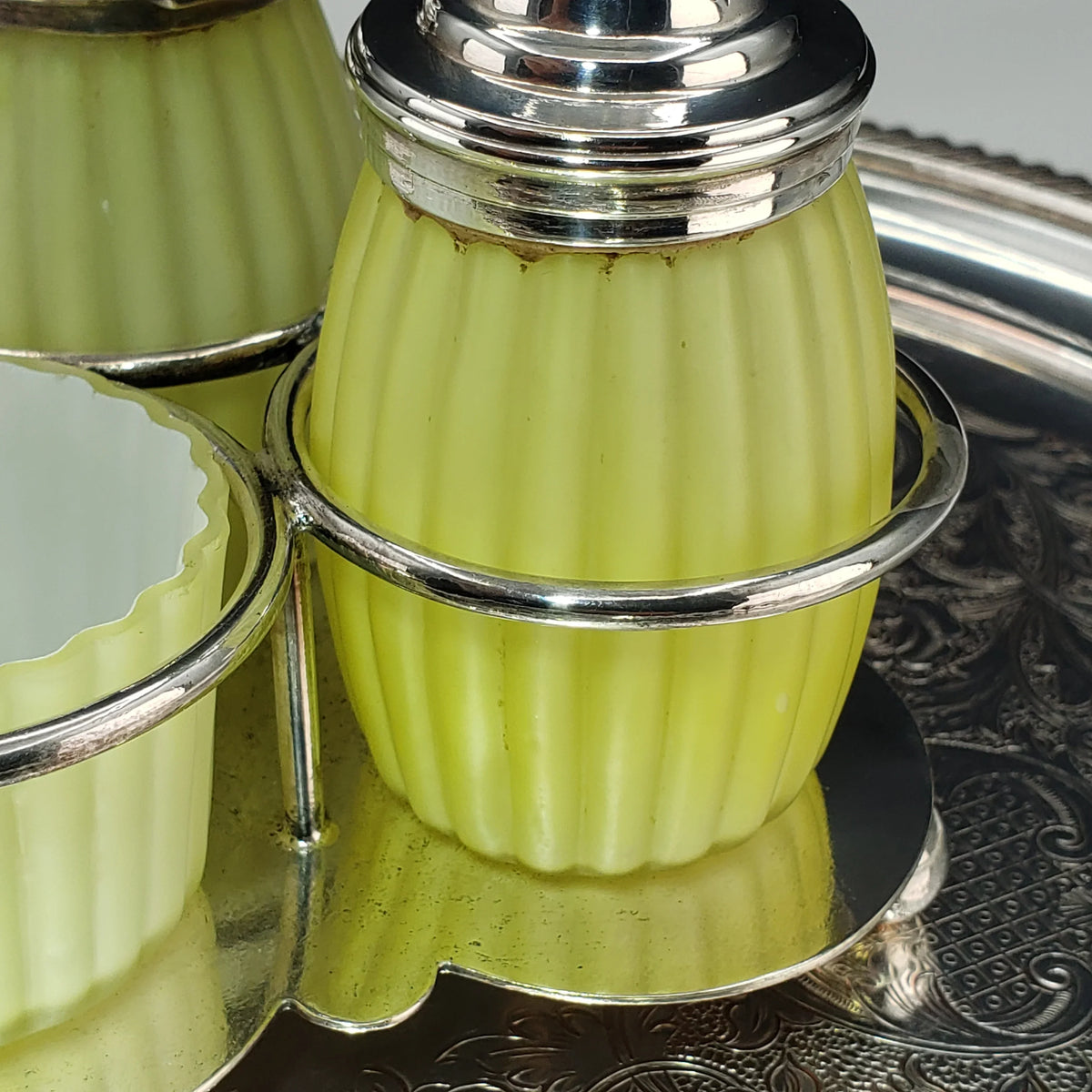 Victorian Lemon Yellow Cased Condiment Jar Set - Mt Washington Glass Co.