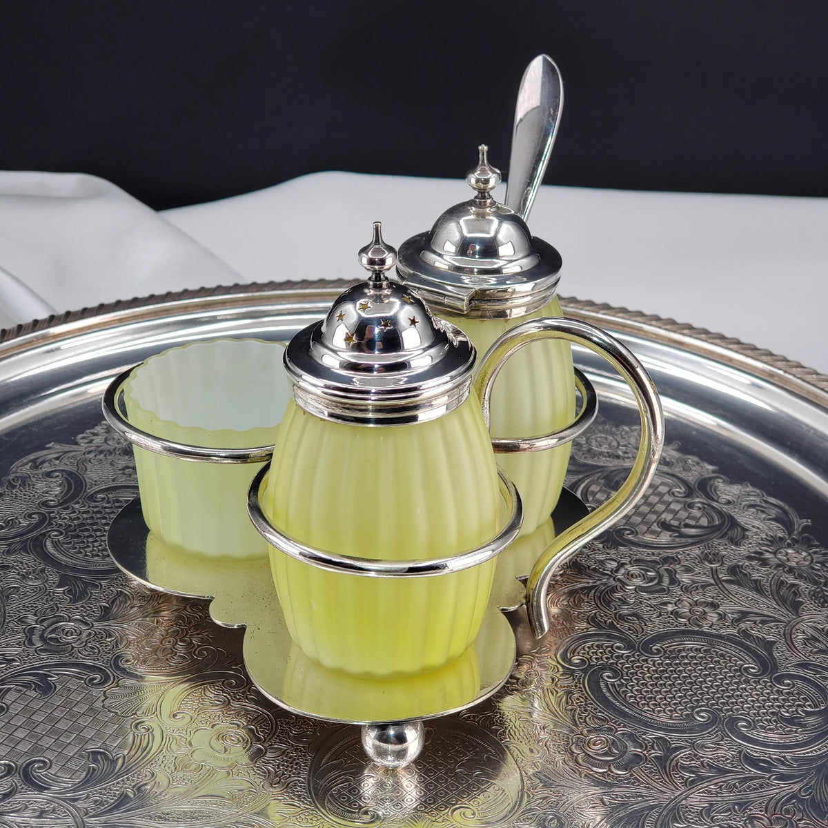 Victorian Lemon Yellow Cased Condiment Jar Set - Mt Washington Glass Co.