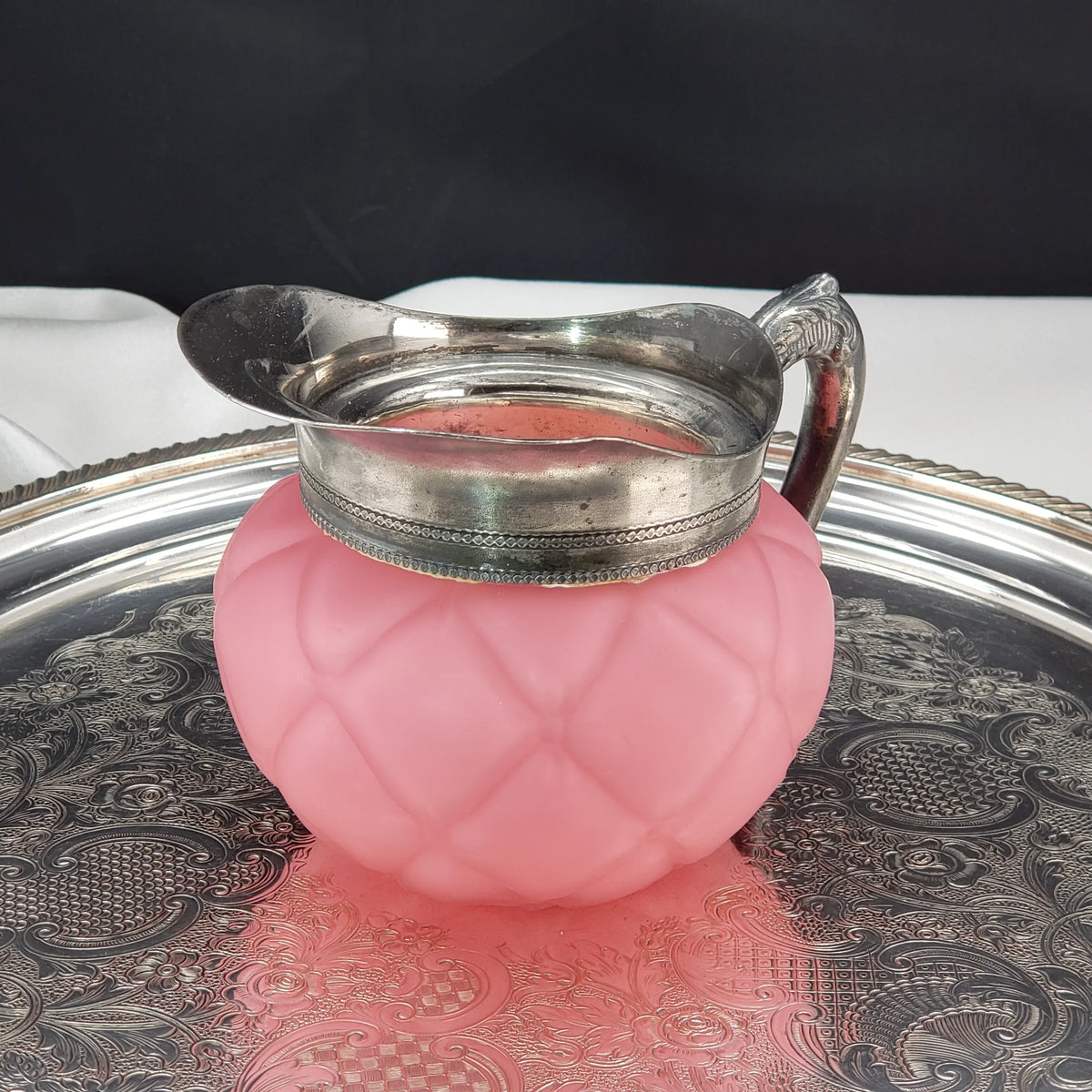 Antique Pink Satin Glass Creamer - Victorian Era Quilted Pattern - Mt Washington Glass