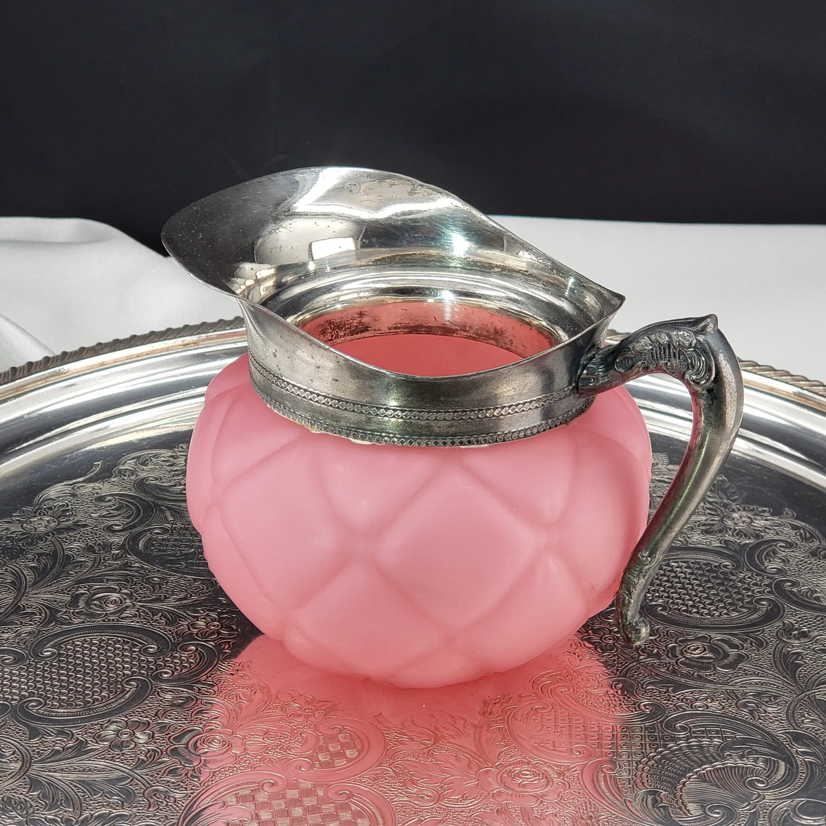 Antique Pink Satin Glass Creamer - Victorian Era Quilted Pattern - Mt Washington Glass