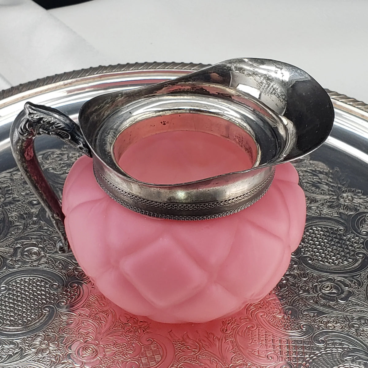 Antique Pink Satin Glass Creamer - Victorian Era Quilted Pattern - Mt Washington Glass