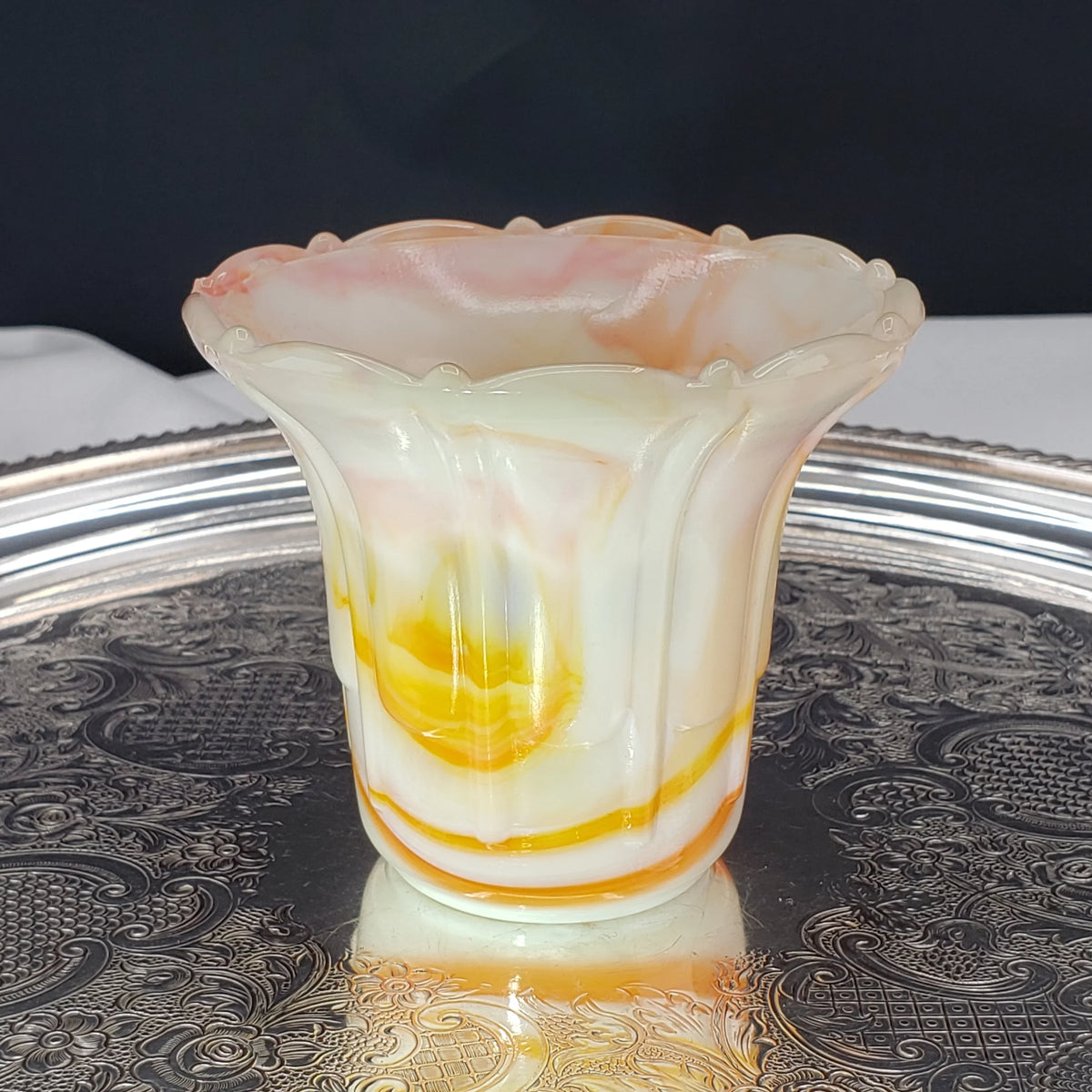 Vintage Akro Agate Ribs and Flutes Flared Flower Pot – Orange and Yellow Swirls – Slag Glass #296, 1930s Decor