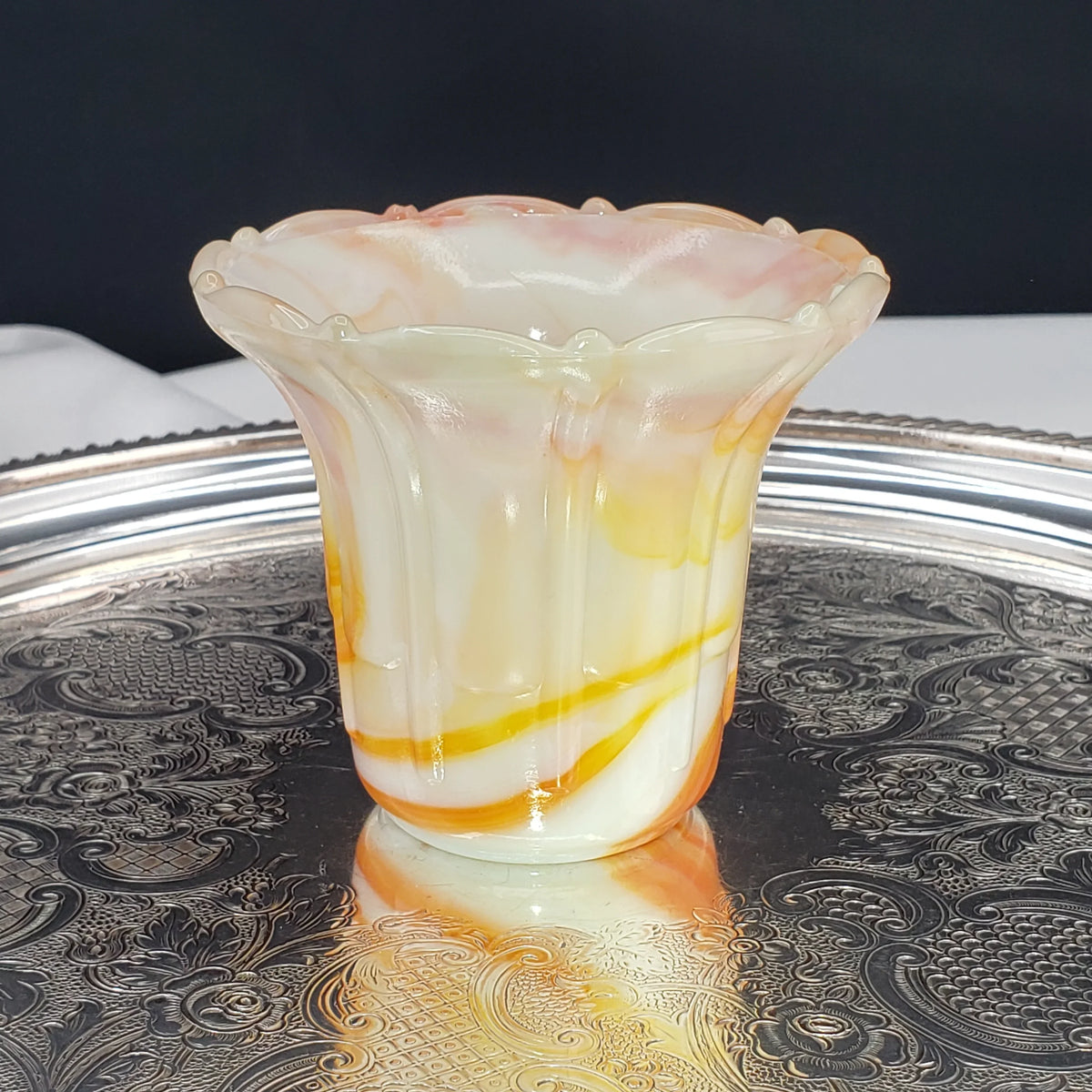 Vintage Akro Agate Ribs and Flutes Flared Flower Pot – Orange and Yellow Swirls – Slag Glass #296, 1930s Decor