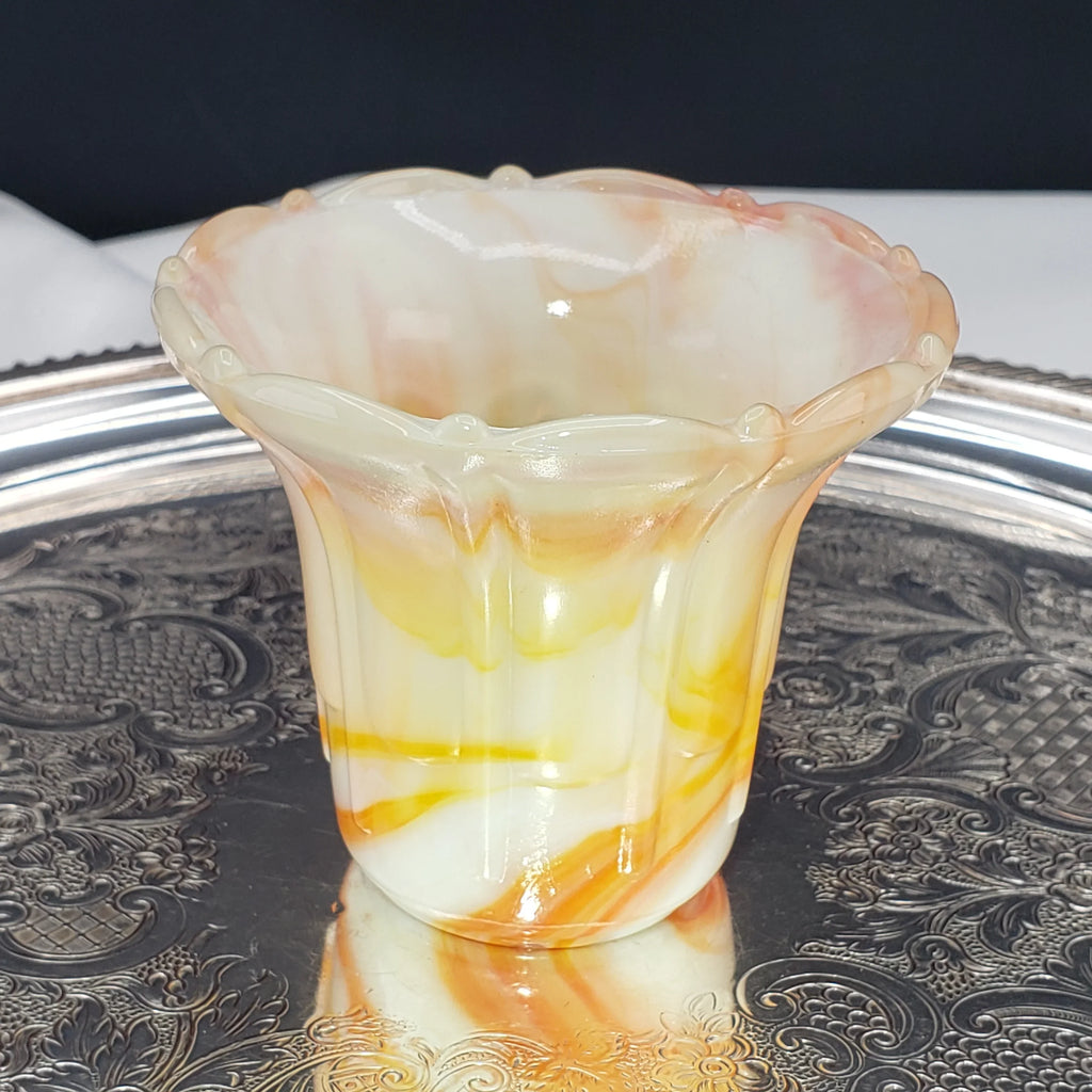 Vintage Akro Agate Ribs and Flutes Flared Flower Pot – Orange and Yellow Swirls – Slag Glass #296, 1930s Decor