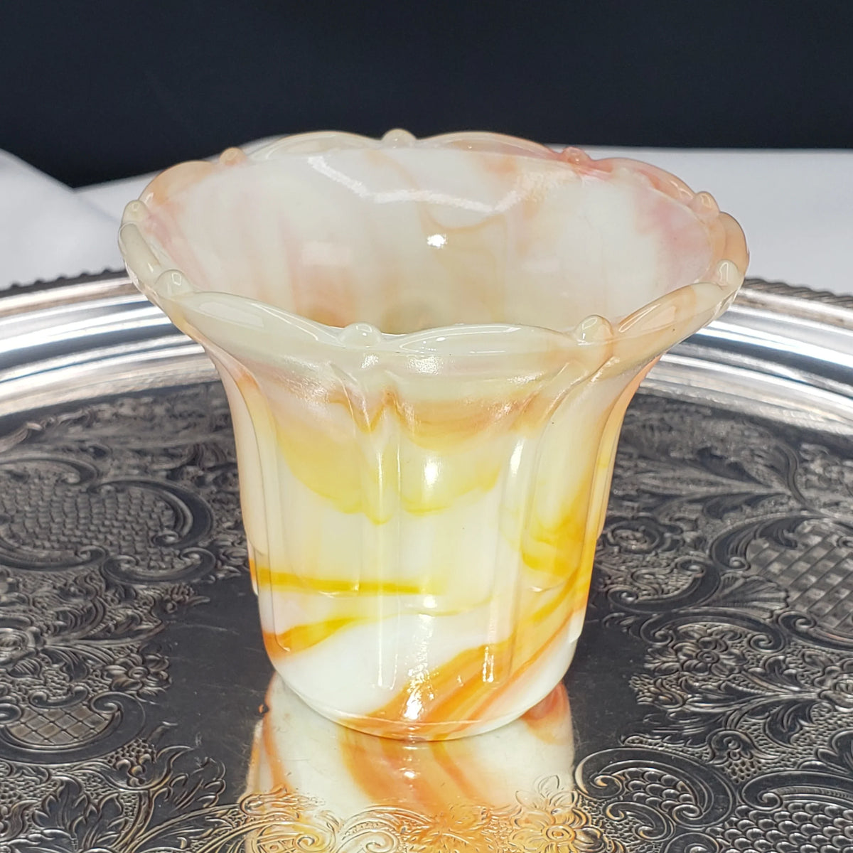 Vintage Akro Agate Ribs and Flutes Flared Flower Pot – Orange and Yellow Swirls – Slag Glass #296, 1930s Decor