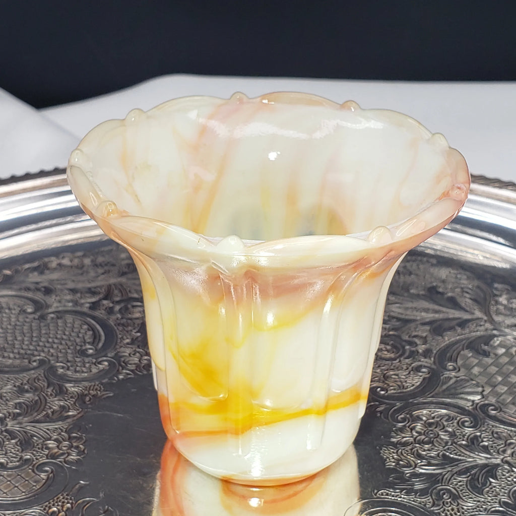 Vintage Akro Agate Ribs and Flutes Flared Flower Pot – Orange and Yellow Swirls – Slag Glass #296, 1930s Decor