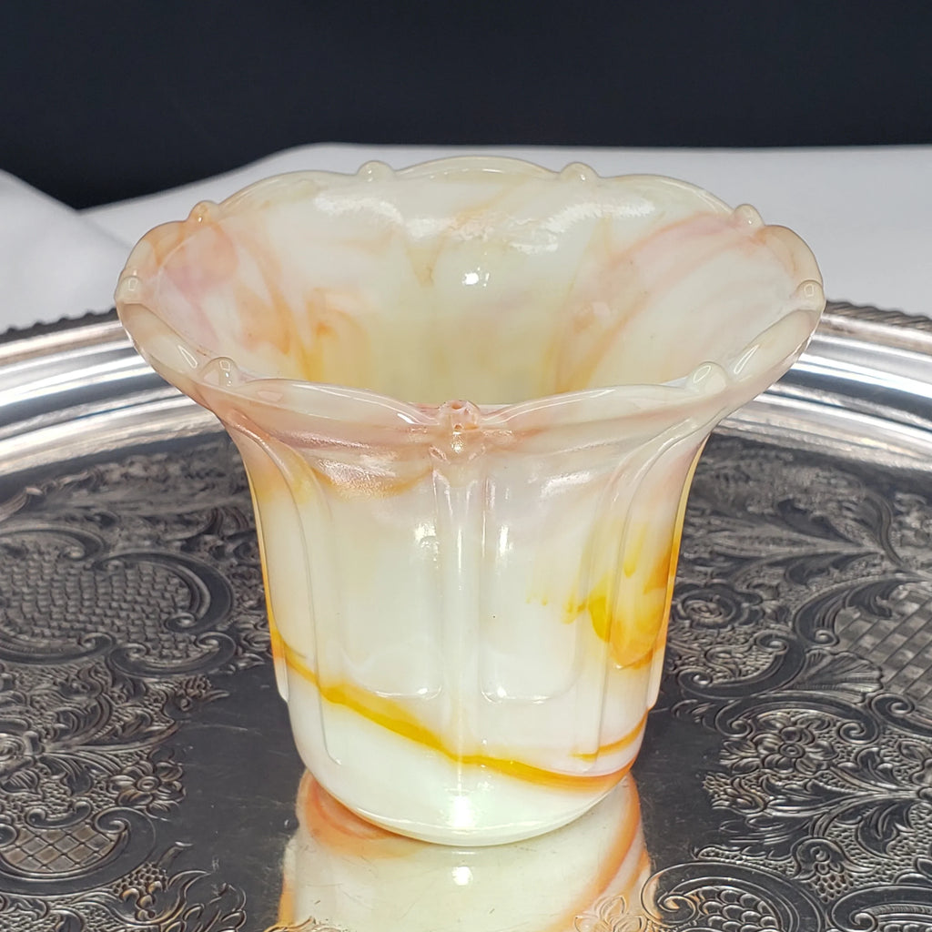 Vintage Akro Agate Ribs and Flutes Flared Flower Pot – Orange and Yellow Swirls – Slag Glass #296, 1930s Decor
