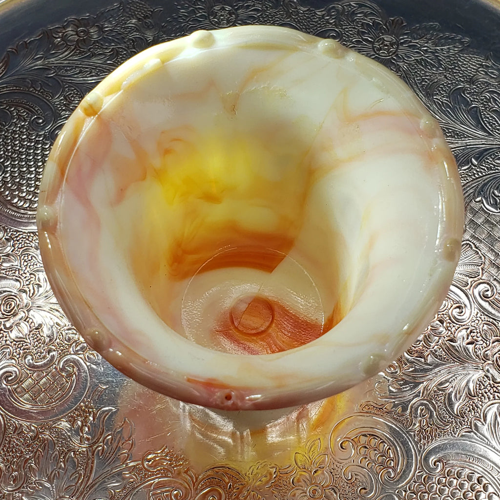 Vintage Akro Agate Ribs and Flutes Flared Flower Pot – Orange and Yellow Swirls – Slag Glass #296, 1930s Decor