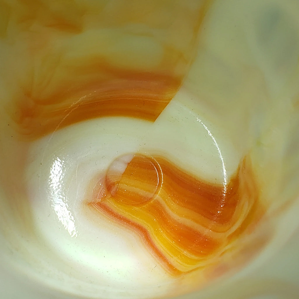 Vintage Akro Agate Ribs and Flutes Flared Flower Pot – Orange and Yellow Swirls – Slag Glass #296, 1930s Decor