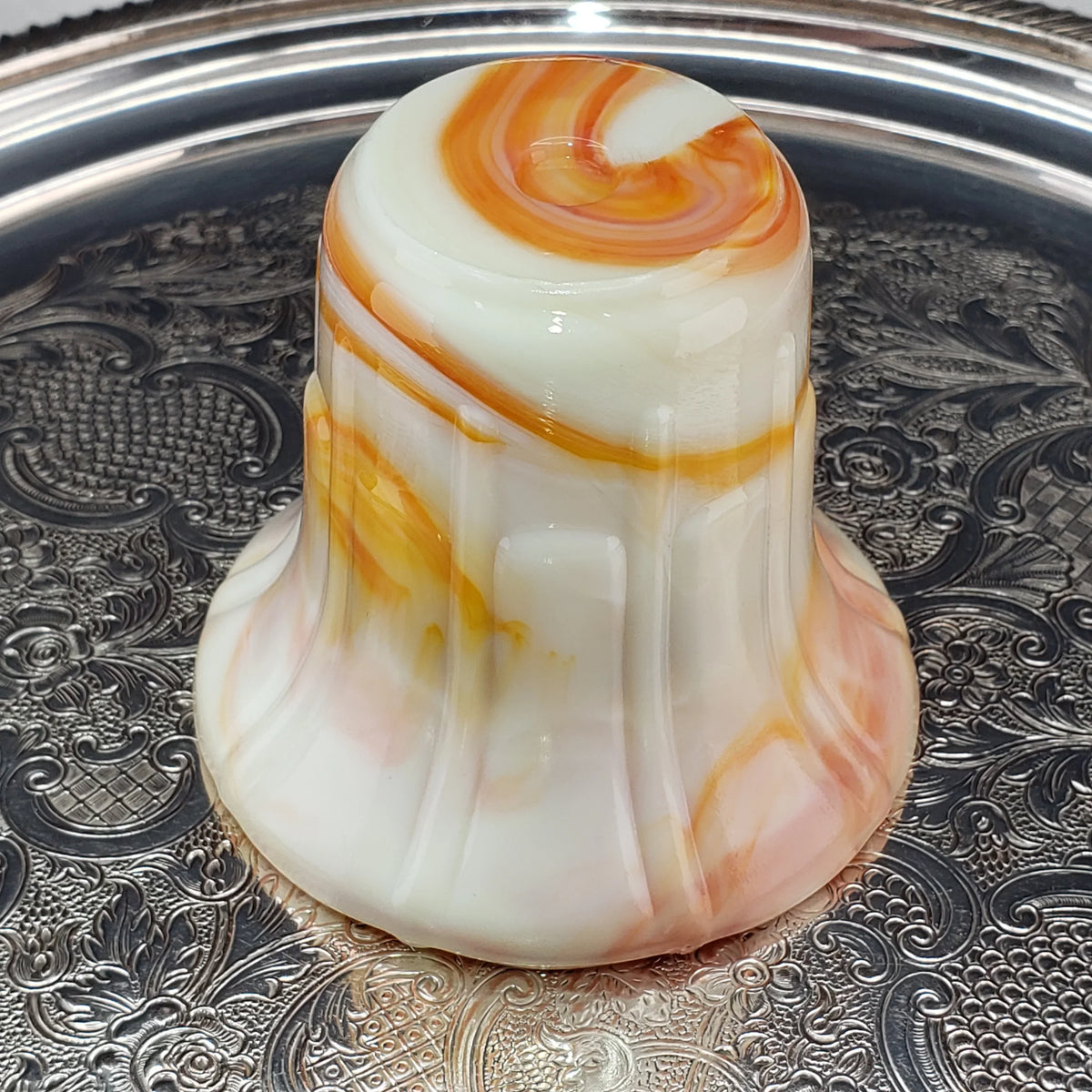Vintage Akro Agate Ribs and Flutes Flared Flower Pot – Orange and Yellow Swirls – Slag Glass #296, 1930s Decor