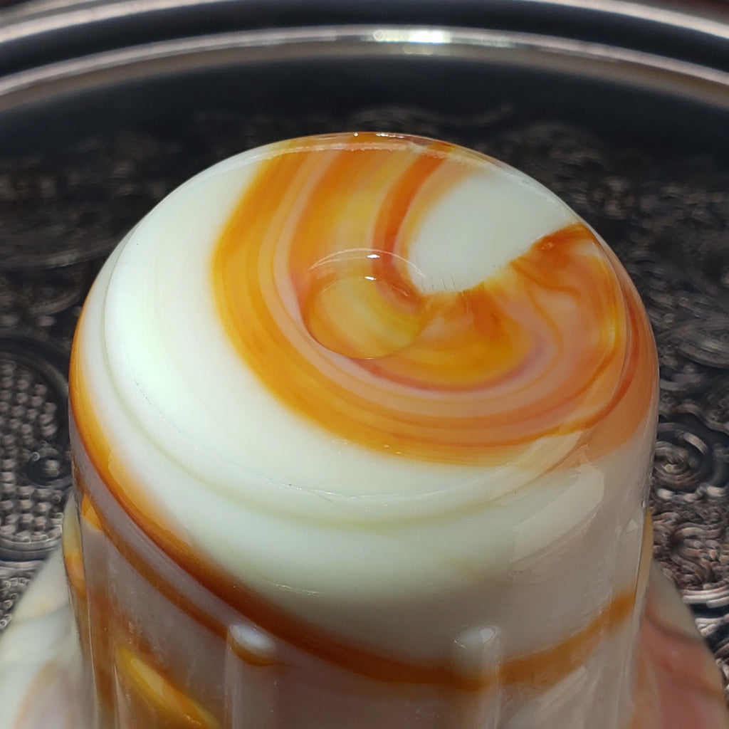 Vintage Akro Agate Ribs and Flutes Flared Flower Pot – Orange and Yellow Swirls – Slag Glass #296, 1930s Decor