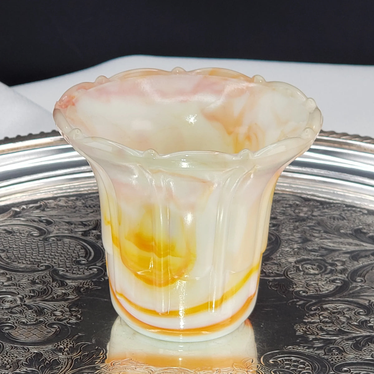 Vintage Akro Agate Ribs and Flutes Flared Flower Pot – Orange and Yellow Swirls – Slag Glass #296, 1930s Decor