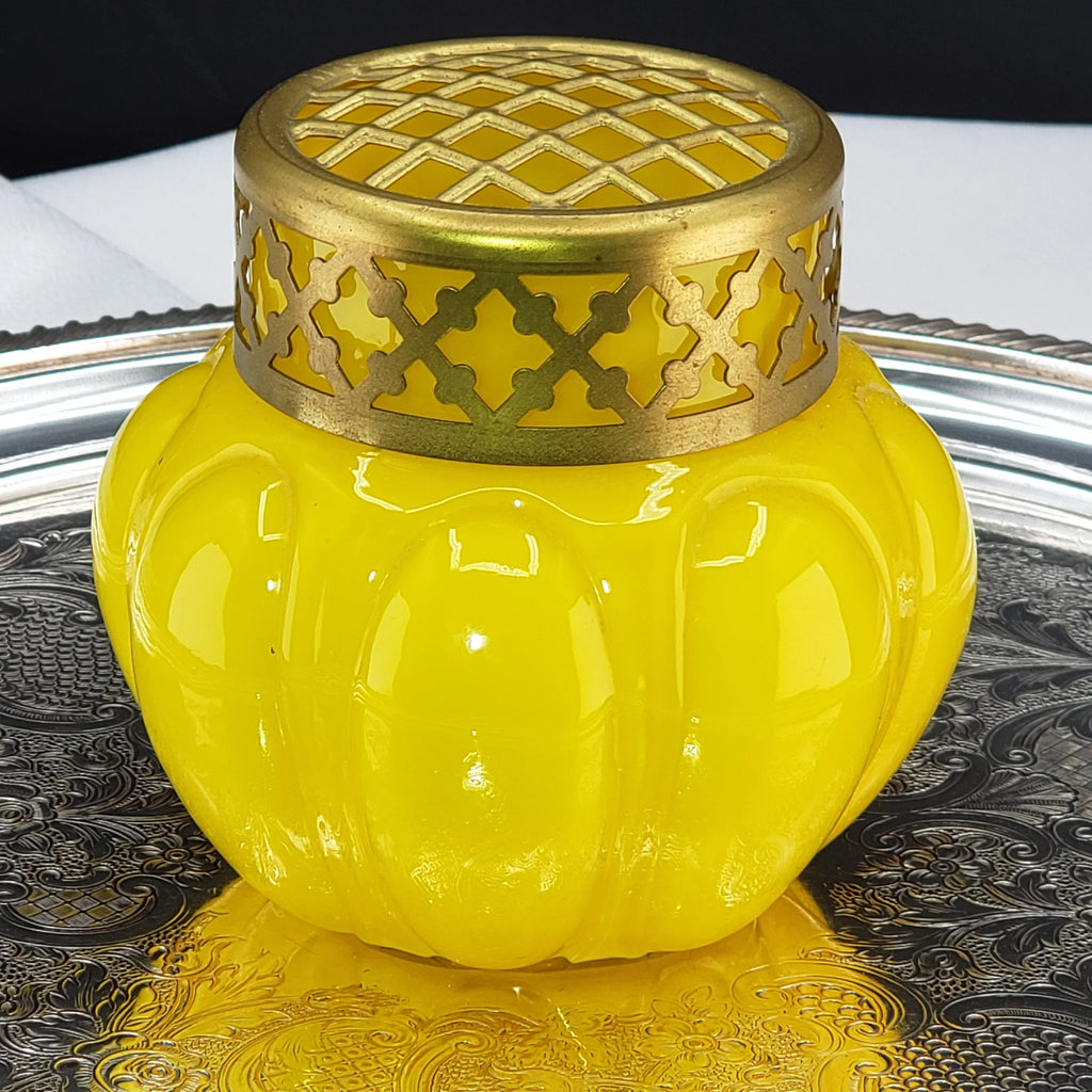 Antique Bright Yellow & Brass Rose Bowl - Czech Glass Vase - ca 1930s