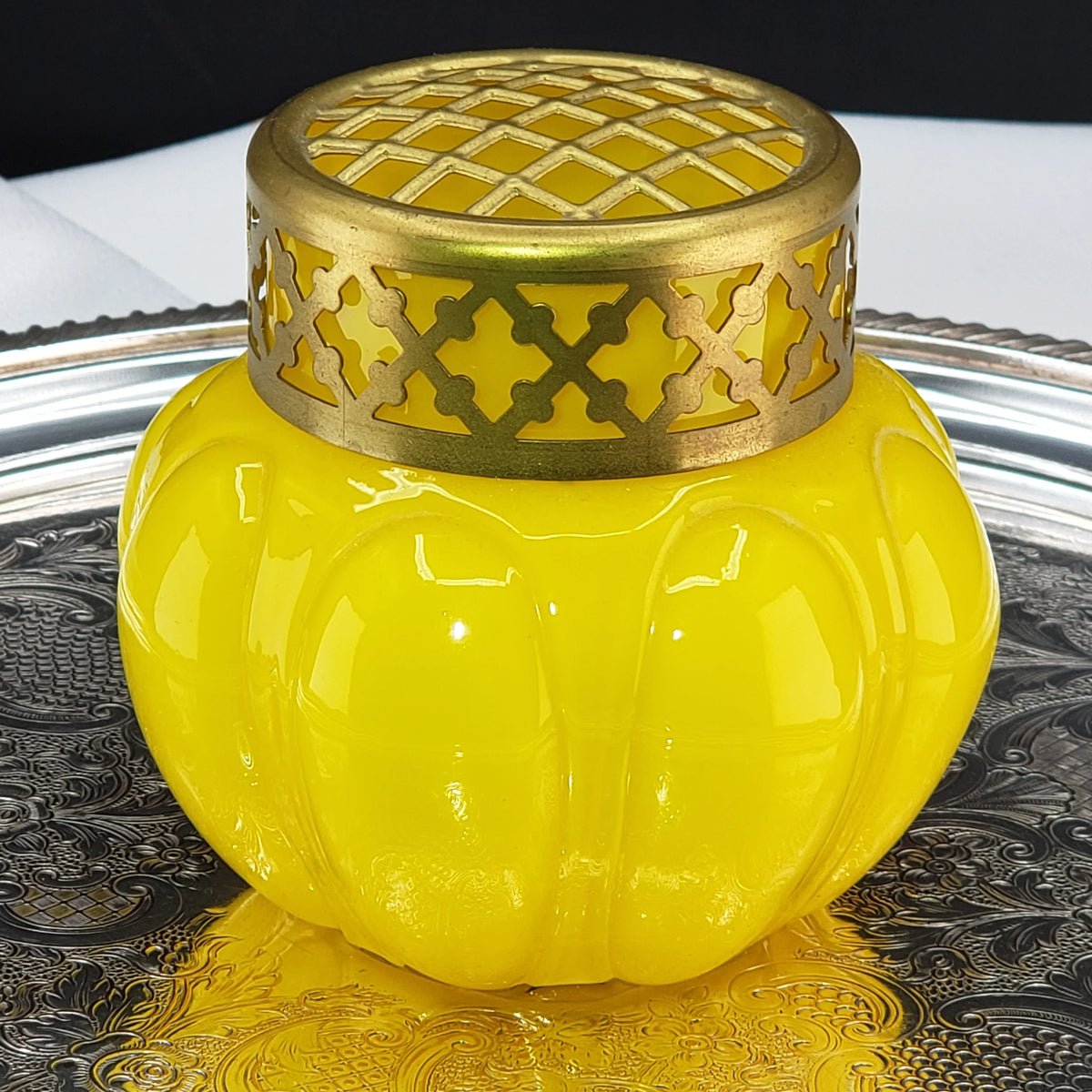 Antique Bright Yellow & Brass Rose Bowl - Czech Glass Vase - ca 1930s