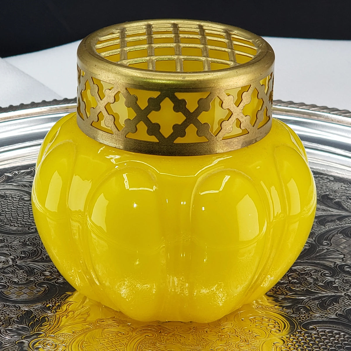 Antique Bright Yellow & Brass Rose Bowl - Czech Glass Vase - ca 1930s