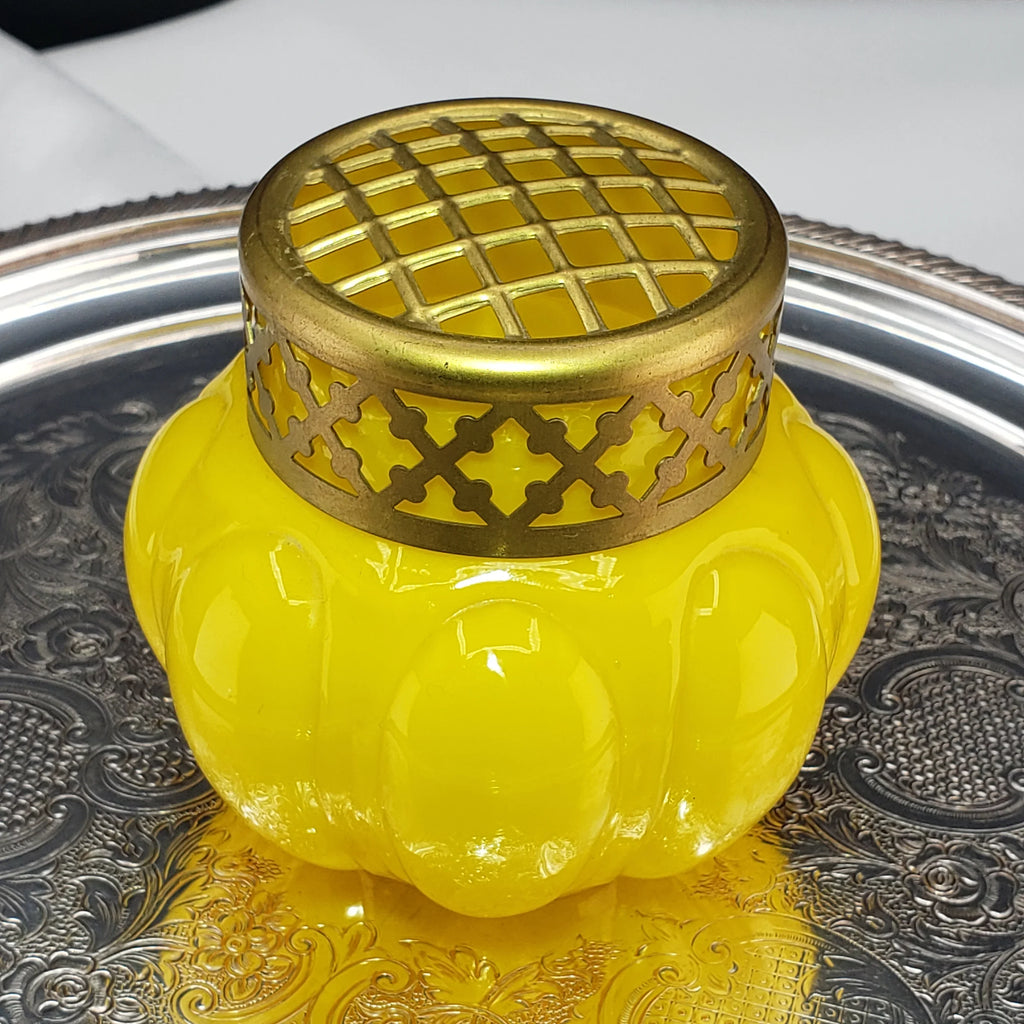 Antique Bright Yellow & Brass Rose Bowl - Czech Glass Vase - ca 1930s