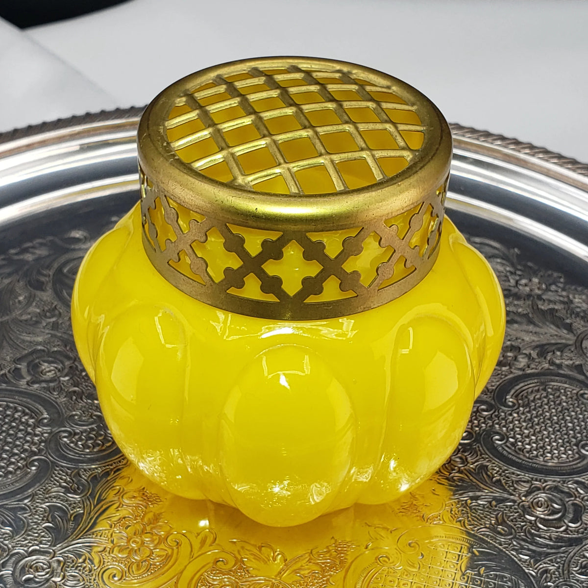Antique Bright Yellow & Brass Rose Bowl - Czech Glass Vase - ca 1930s