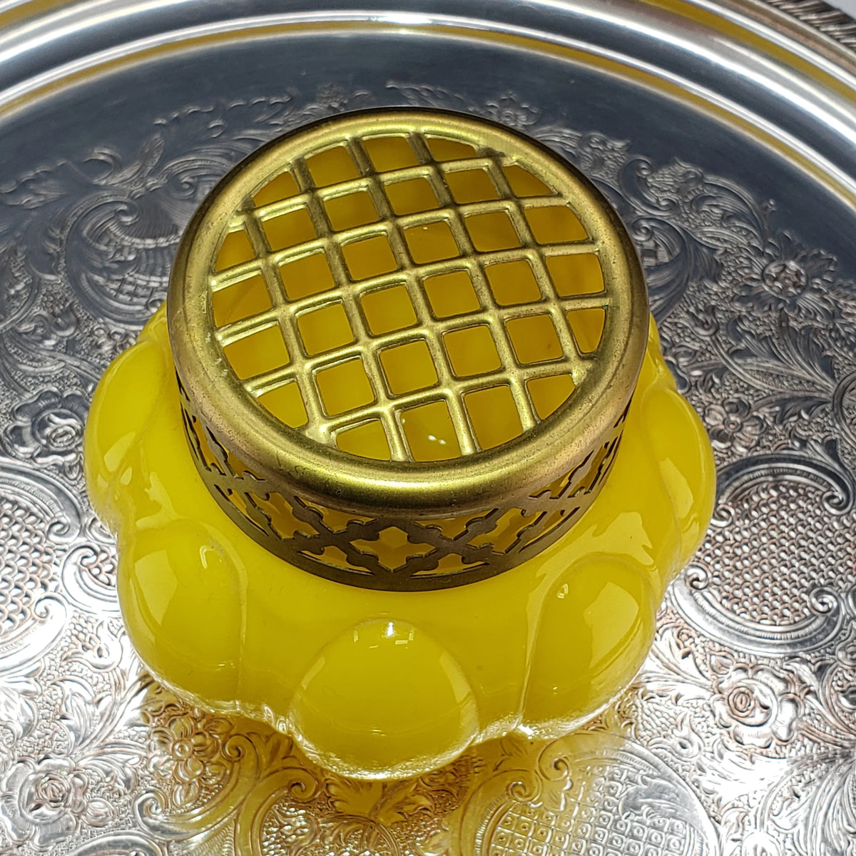Antique Bright Yellow & Brass Rose Bowl - Czech Glass Vase - ca 1930s
