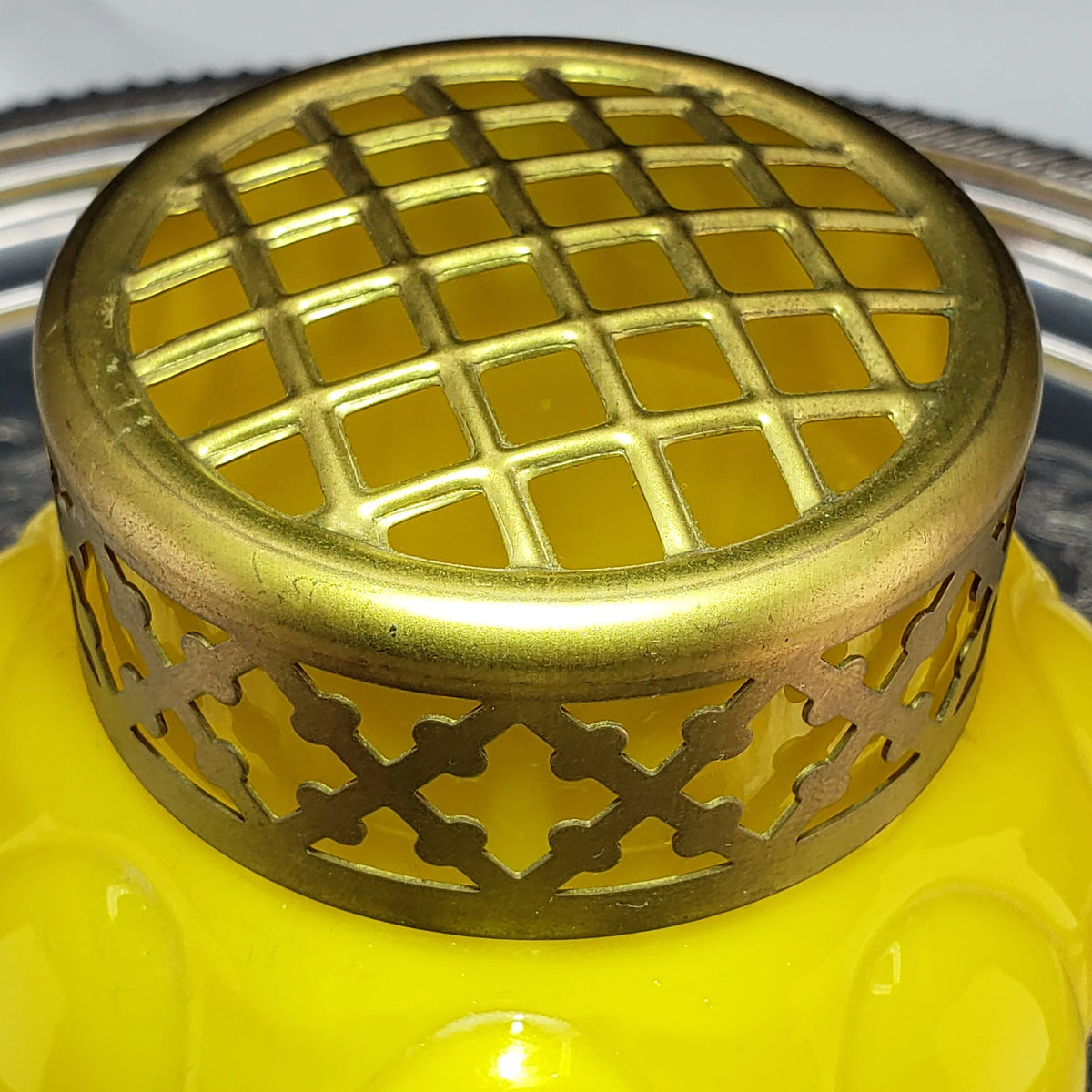 Antique Bright Yellow & Brass Rose Bowl - Czech Glass Vase - ca 1930s