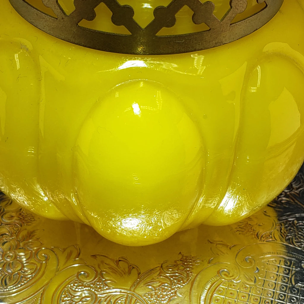 Antique Bright Yellow & Brass Rose Bowl - Czech Glass Vase - ca 1930s