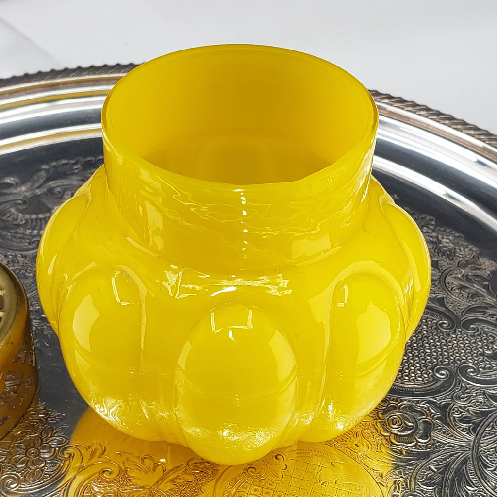 Antique Bright Yellow & Brass Rose Bowl - Czech Glass Vase - ca 1930s