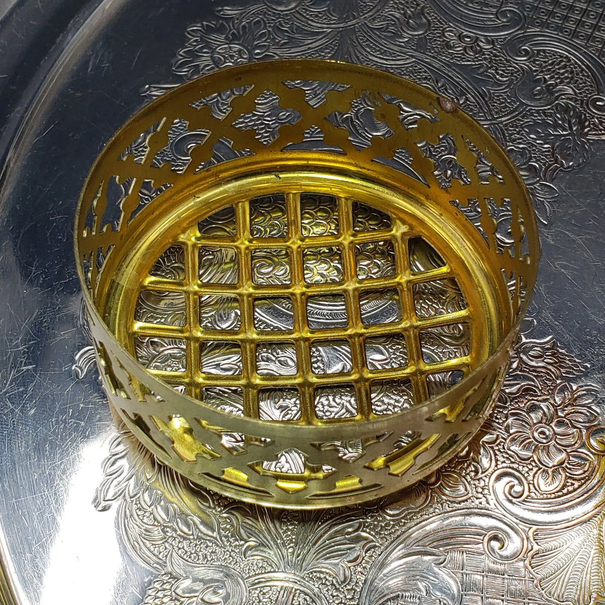 Antique Bright Yellow & Brass Rose Bowl - Czech Glass Vase - ca 1930s