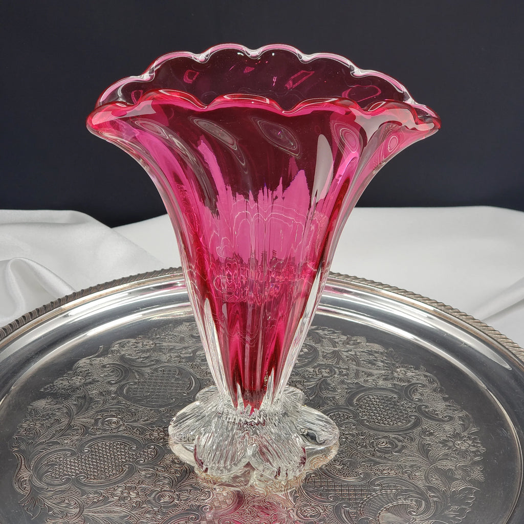 Vintage Rossi Cranberry Pink Glass Fan Vase - 1980s Decor