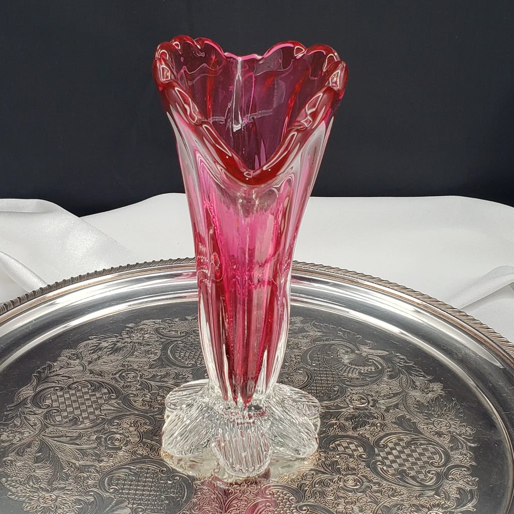 Vintage Rossi Cranberry Pink Glass Fan Vase - 1980s Decor