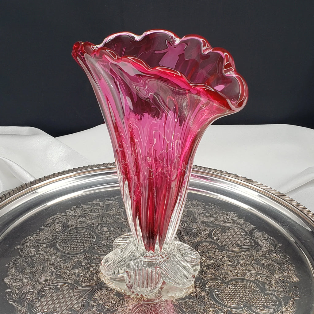 Vintage Rossi Cranberry Pink Glass Fan Vase - 1980s Decor
