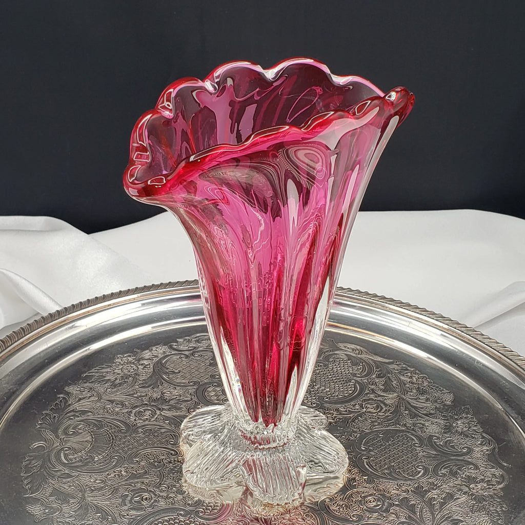 Vintage Rossi Cranberry Pink Glass Fan Vase - 1980s Decor