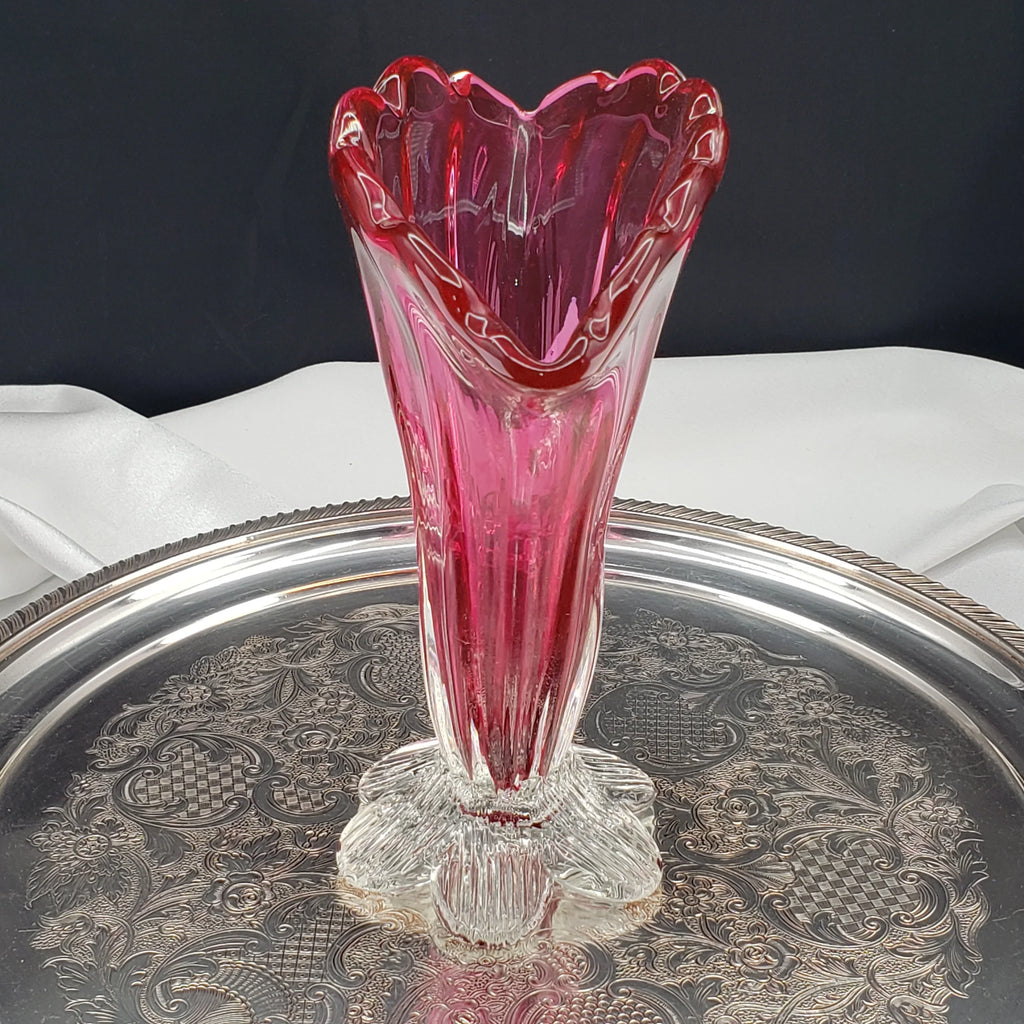 Vintage Rossi Cranberry Pink Glass Fan Vase - 1980s Decor