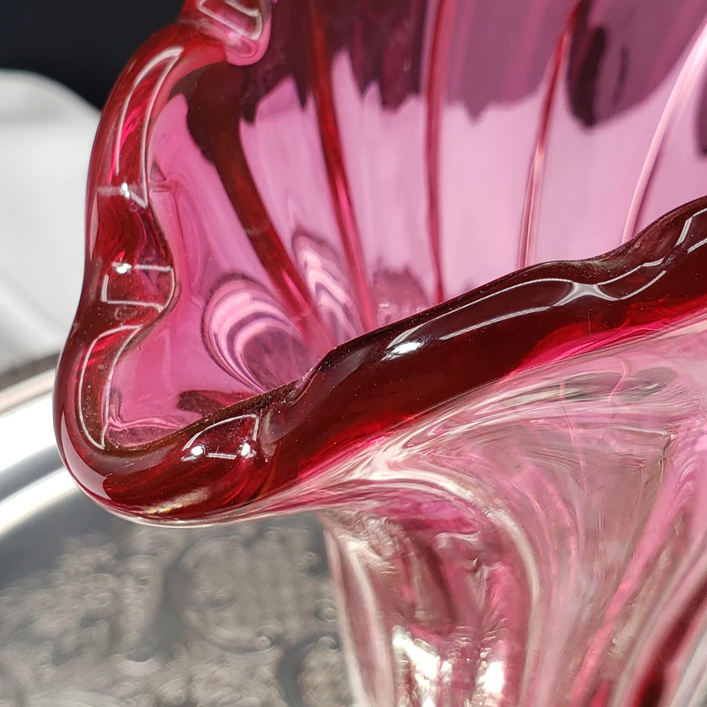 Vintage Rossi Cranberry Pink Glass Fan Vase - 1980s Decor