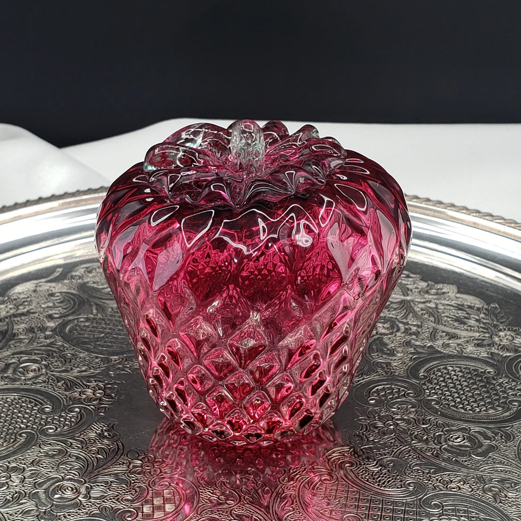 Vintage Rossi Hand Blown Cranberry Art Glass Strawberry Paperweight