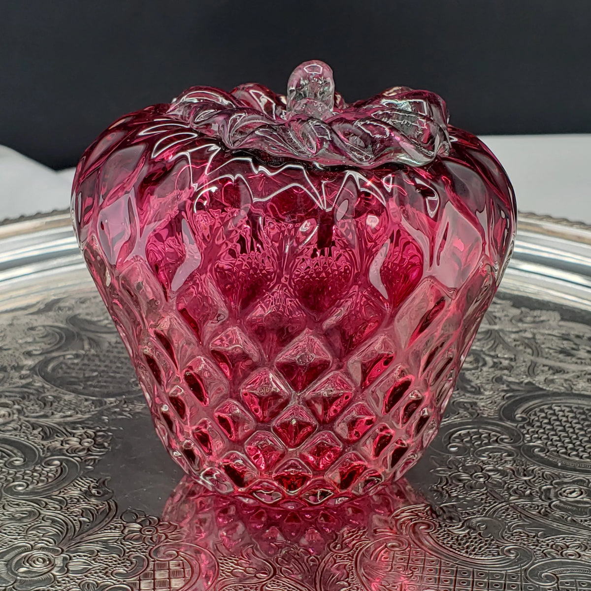 Vintage Rossi Hand Blown Cranberry Art Glass Strawberry Paperweight