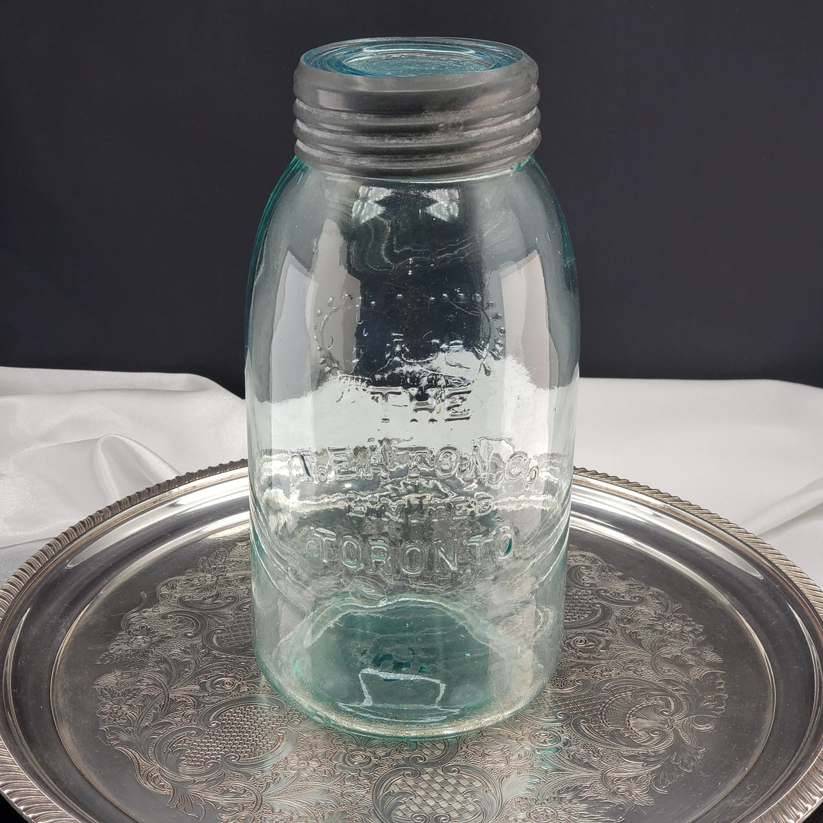 Rare Arched "The T Eaton Co. Limited Toronto " - Aqua Half Gallon Sealer Jar - Crown Version